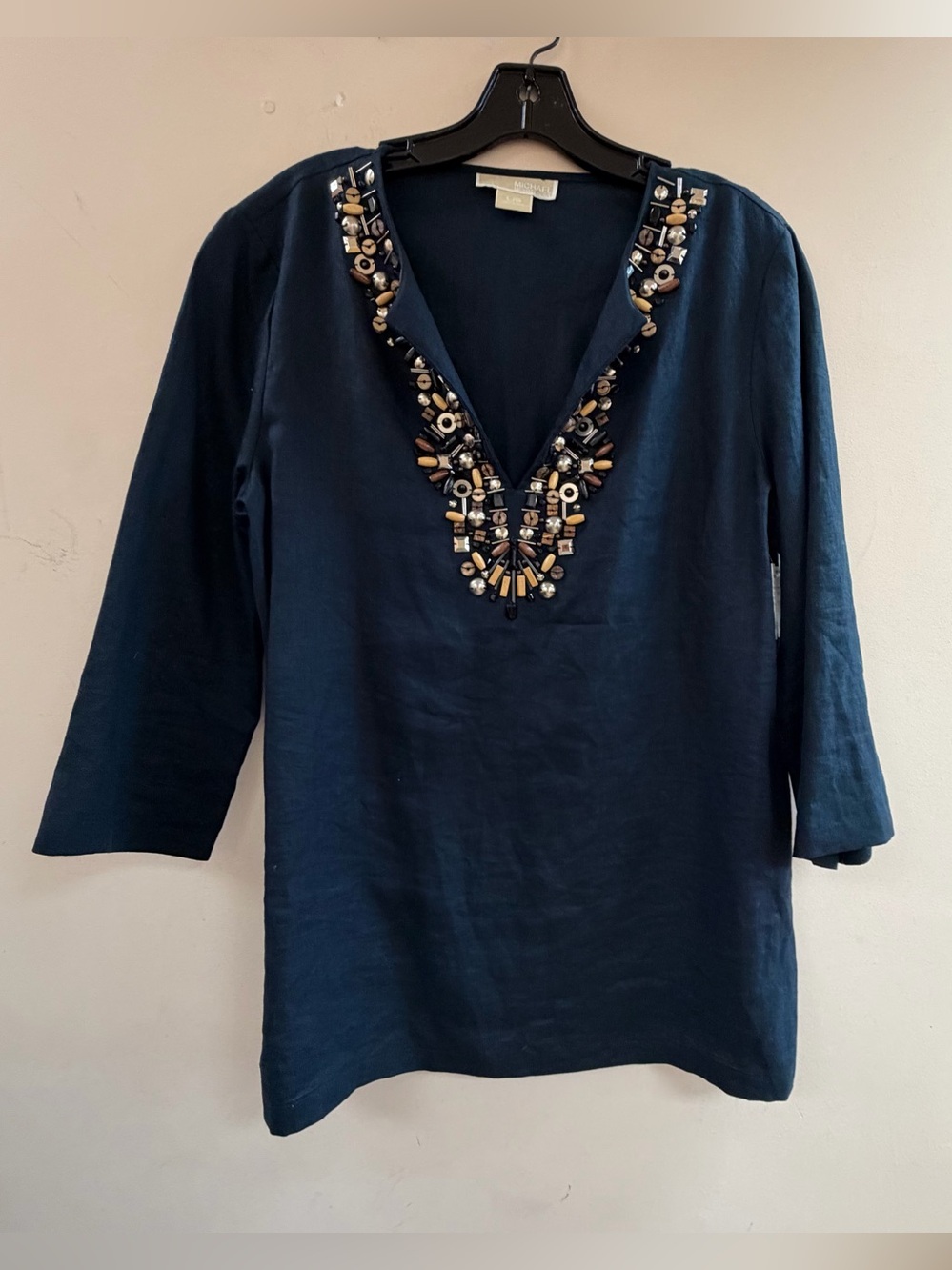 Michael Kors Tunic Women Large Navy Blue Beaded Linen V-Neck 3/4 Sleeve Top